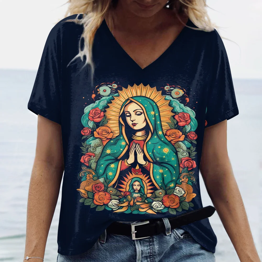 Summer Virgin Mary 3D Print T-shirt Women Streetwear Casual T Shirts Y2k Tops Woman Harajuku V-Neck Tees Oversized Clothing