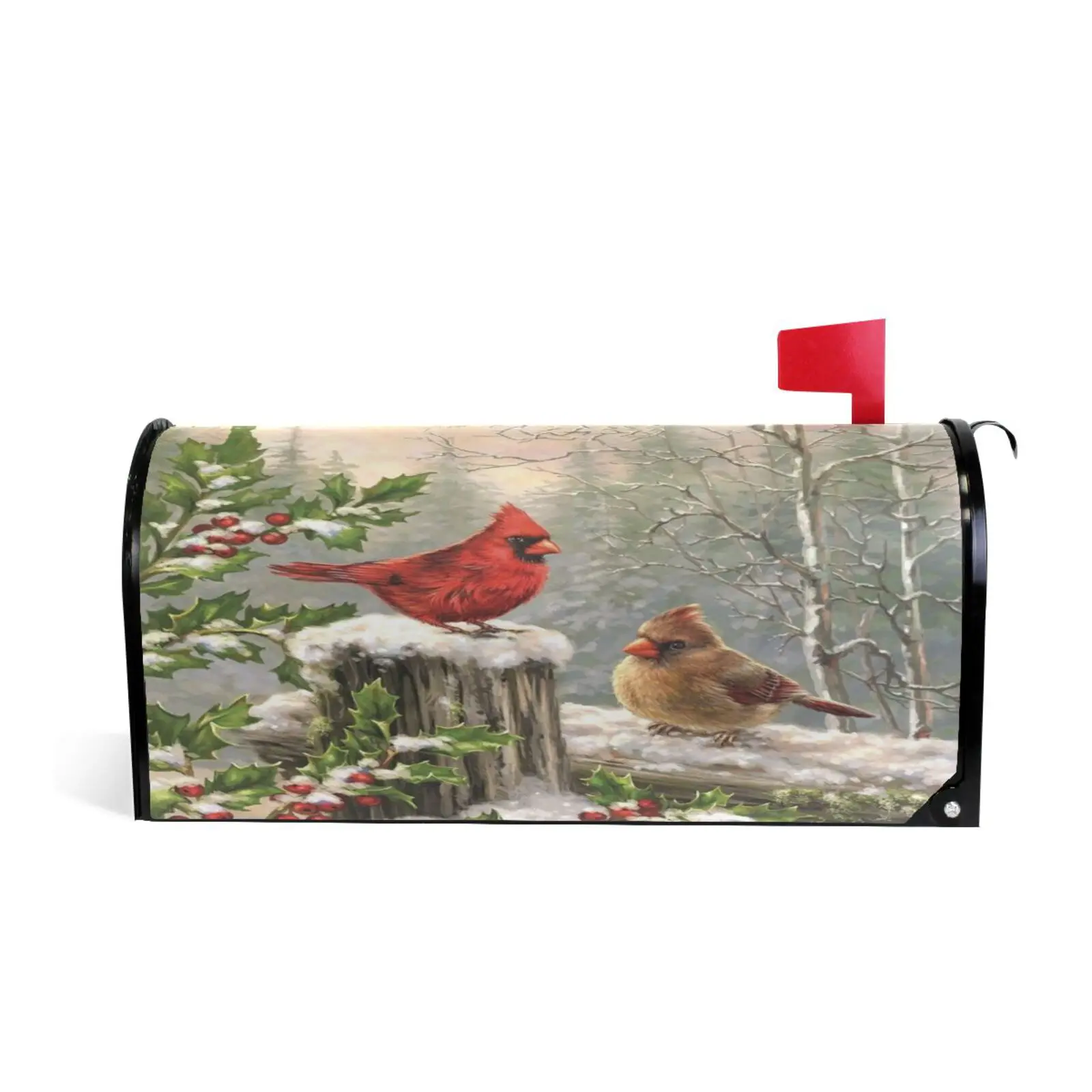 Winter Cardinal Birds Mailbox Cover Magnetic Mailbox Wrap Post Letter Box Cover Garden Home Christmas Decoration Standard Size