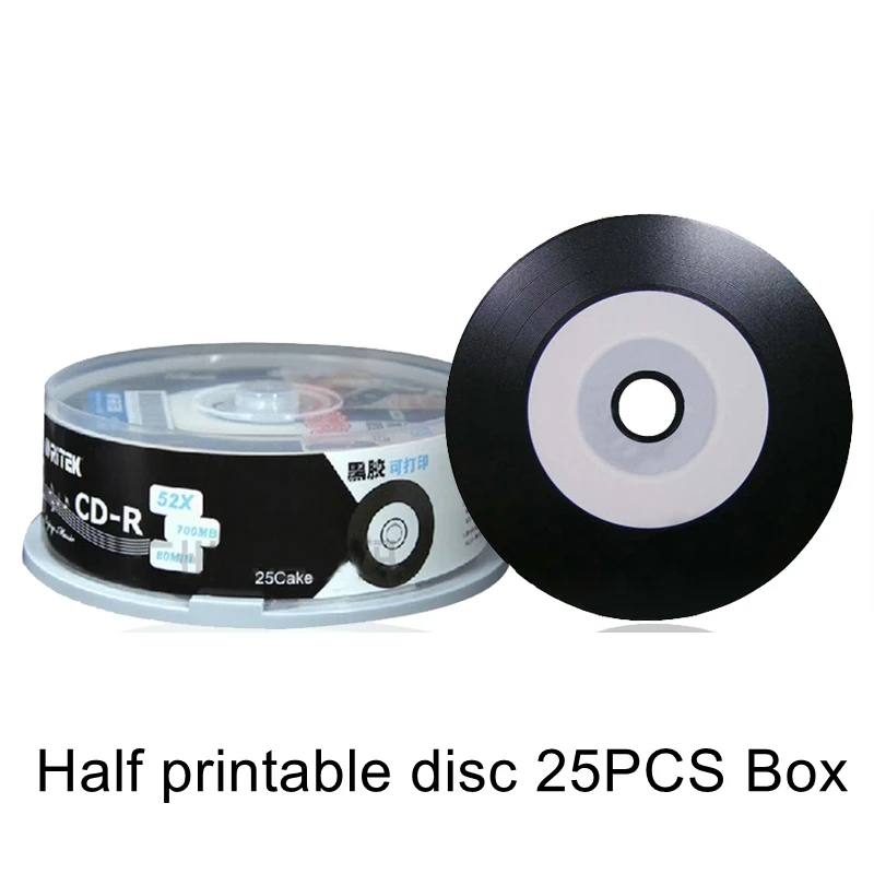 25 unids/caja Ritek CD-R imprimible disco en blanco disco compacto grabable 700MB/80min/52x CD-R disco de vinilo disco multimedia negro