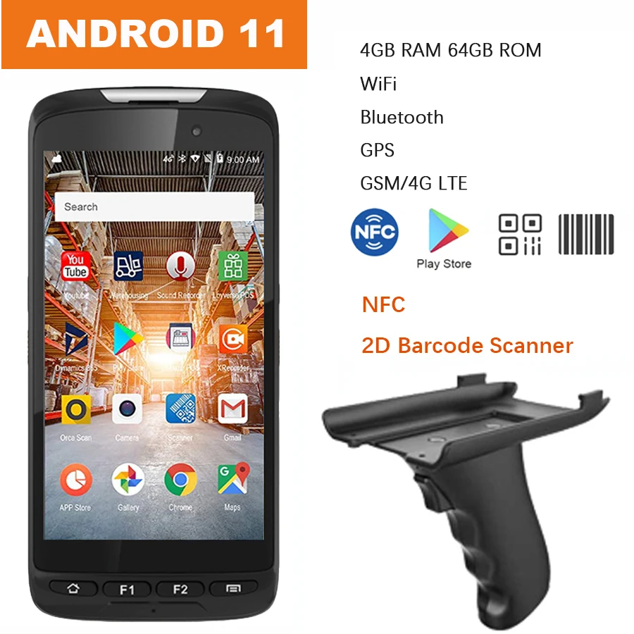 

5" Android 11 OS 4G 64G Handheld GMS/4G Lte NFC RFID Reader Data Terminal PDA 2D laser barcode inventory scanner POS PDA Device