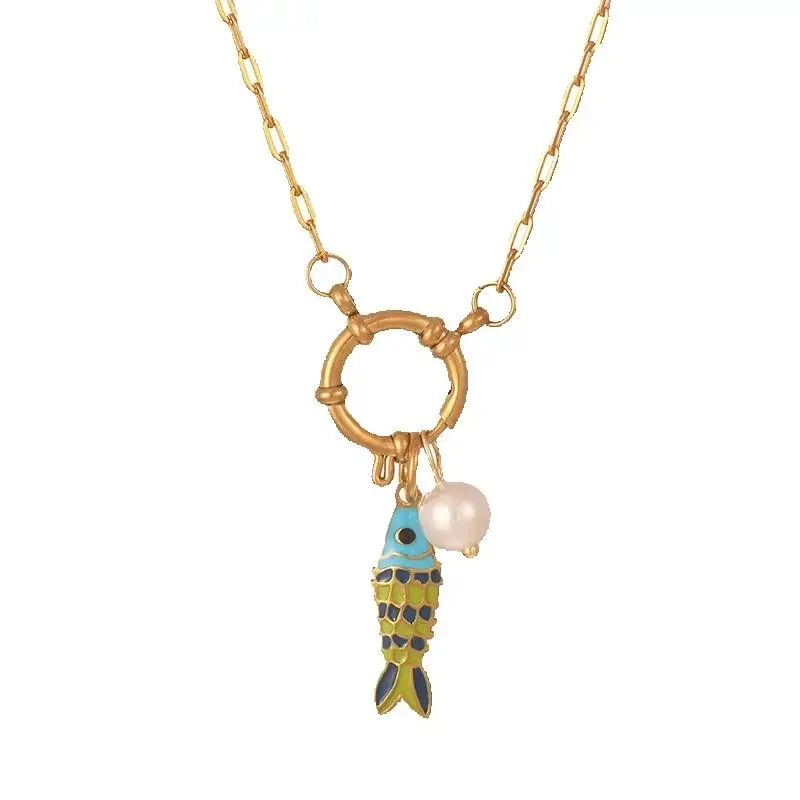 Colorful Enamel Little Fish Necklace Titanium Steel Women's Jewelry Pendant Drop Shipping Wholesale Customized Sea Series Cro...