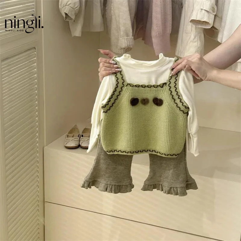 

Girls' Spring and Autumn Suit New Style Baby Girls' Western Style Internet Celebrity Base Clothing Wool Vest Casual Pants Three-