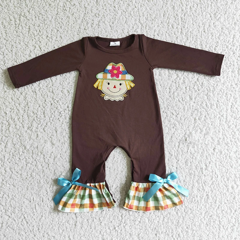 Toddler Thanksgiving Newborn Baby Girl Embroidery Scarecrow Clothing Long Sleeves Cotton Snap Botton Jumpsuit Kids Plaid Romper