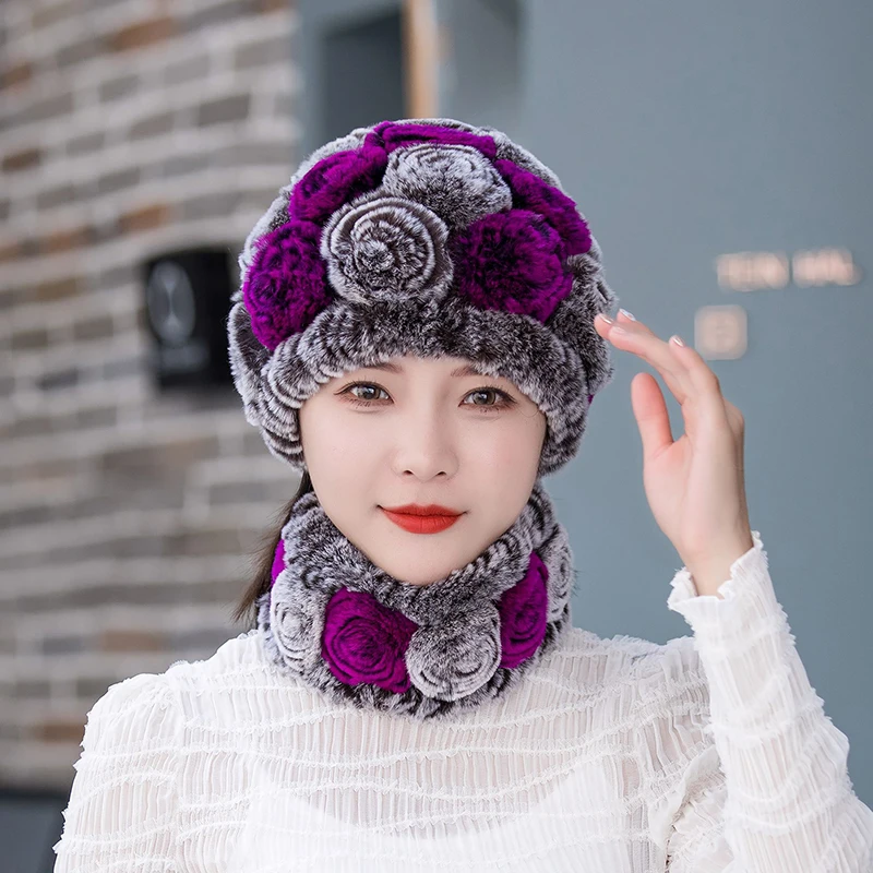 Winter Knitted 100% Natural Fur Hats Scarves Sets Women Warm Real Rex Rabbit Fur Hat Scarf Lady Fashiom Thick Rex Rabbit Fur Hat