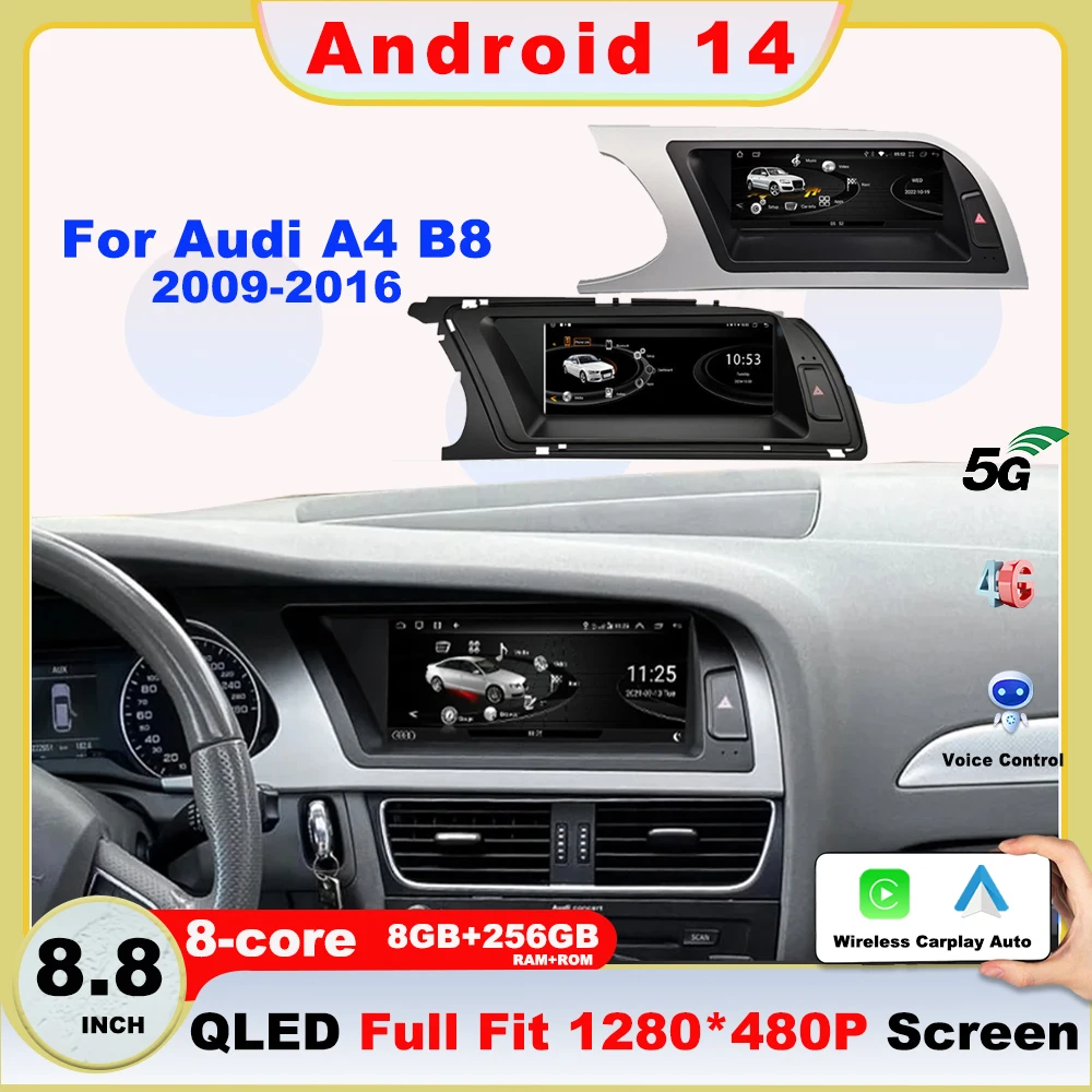 Android 14 Car radio For Audi A4 B8 2009 - 2016 auto Carplay Multimedia Video Player GPS 5G WiFi wireless Carplay 4G Head Unit