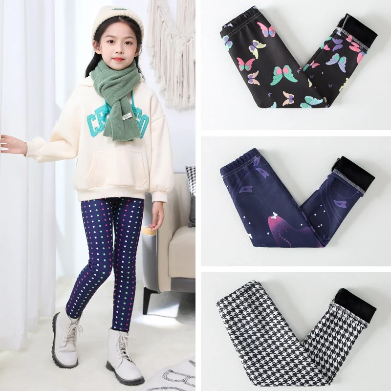 2-12T Winter Warm Baby Girls Leggings Plus Velvet Thicken Pants Stretchy Kids Leggings Printing Flower Children Trousers Age