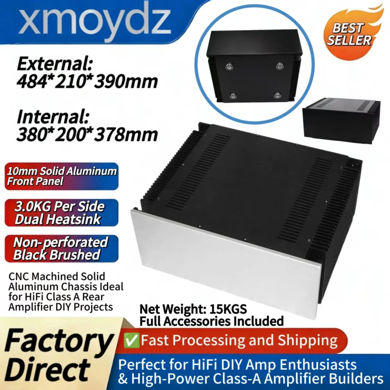 

Корпус для Hi-Fi усилителя DIY из алюминия, 484*210*390 мм, класс A, задняя панель без перфорации, двойной радиатор, внутренние размеры 380*200*378 мм