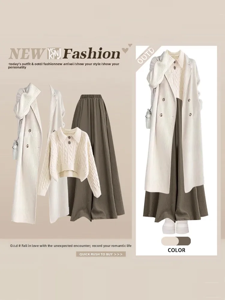 

Autumn Winter Korean Drama Soft Style Knitted Sweater Wide Leg Pants Three Piece Set Casual Age Reducing Slimming Ensemble