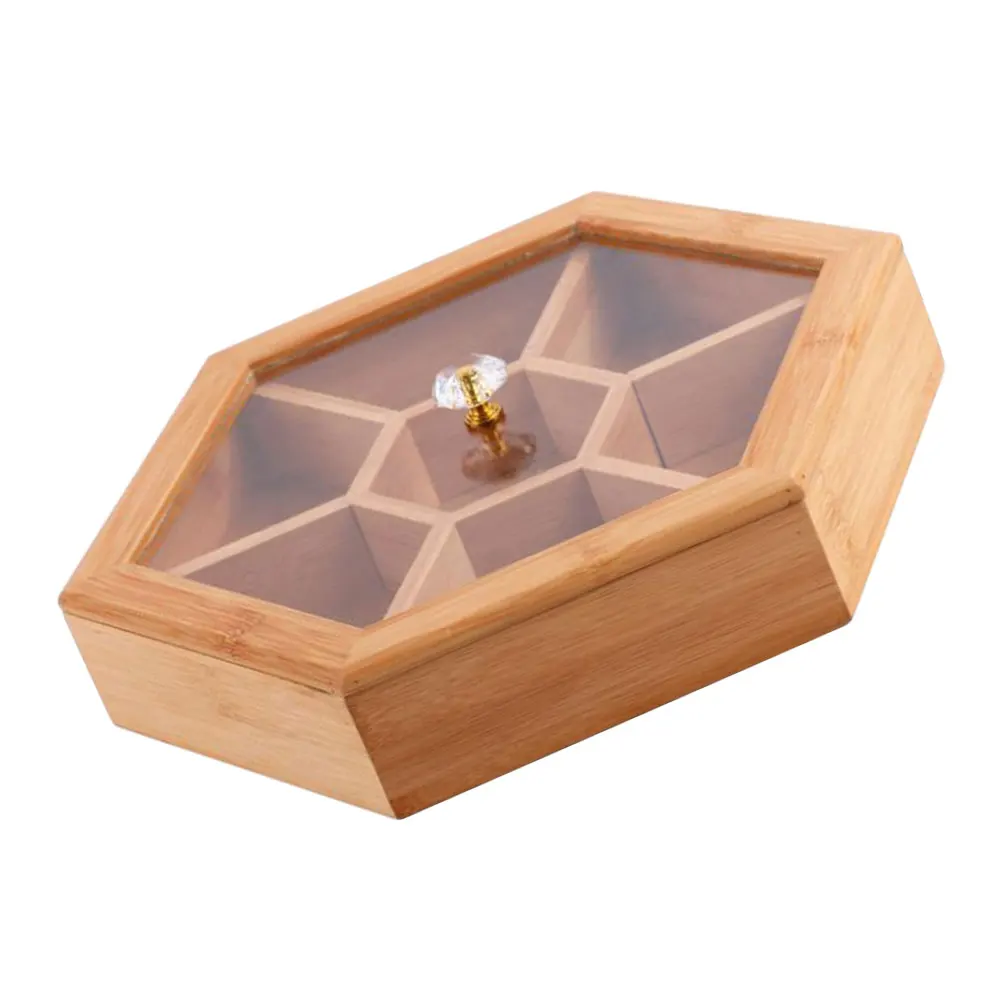 

Hexagonal Bamboo Jewelry Storage Box 275x275x6cm Transparent Lid Snack Fruit Container Decorative Tray Retro Style Home Decor