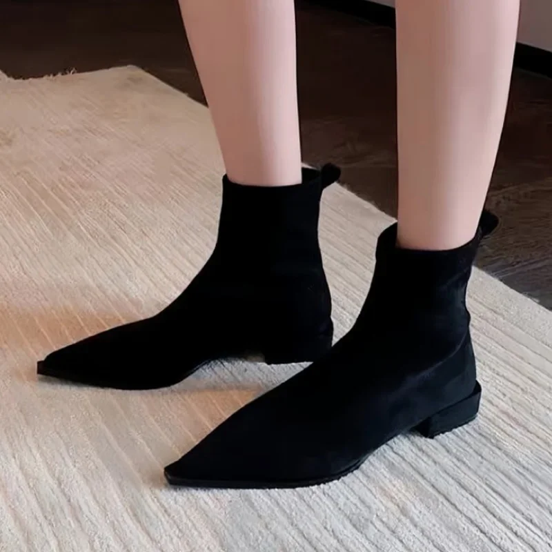 Women Suede Ankle Boots Heels Shoes Fashion Sexy Pointed Toe Shoes Women Trend Snow Boots Elegant Walking Dress Goth Mujer Botas