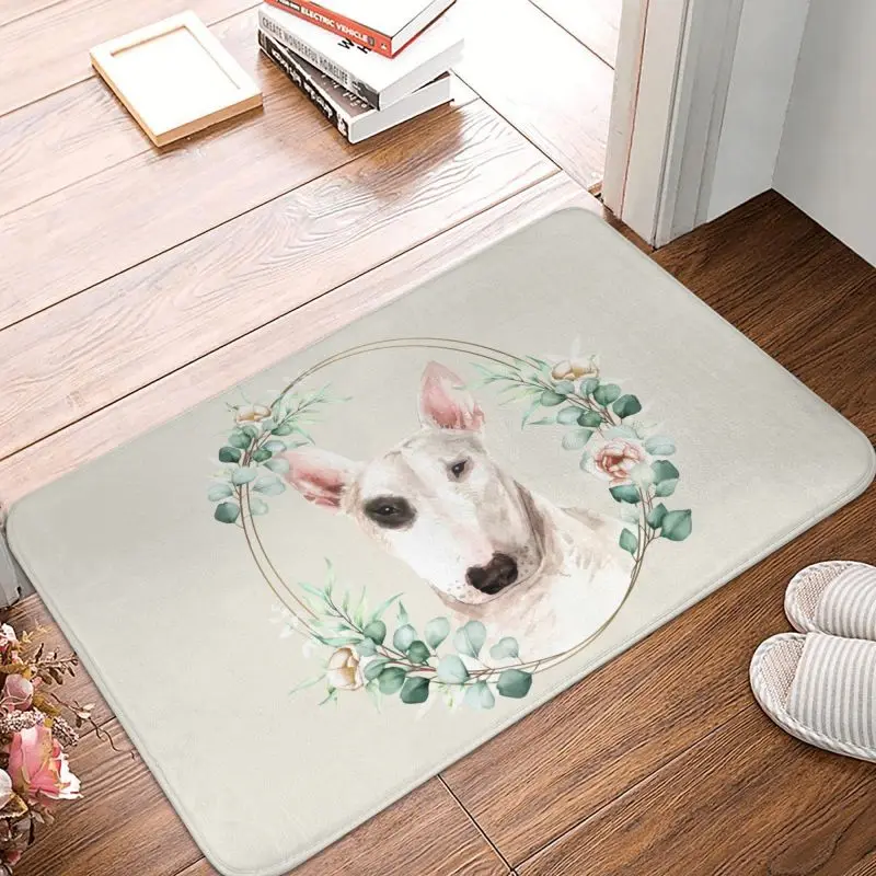 Custom Bull Terrier Dog In Floral Gold Wreath Doormat Non-Slip Entrance Bath Kitchen Door Floor Mats Pet Lover Room Carpet Rug