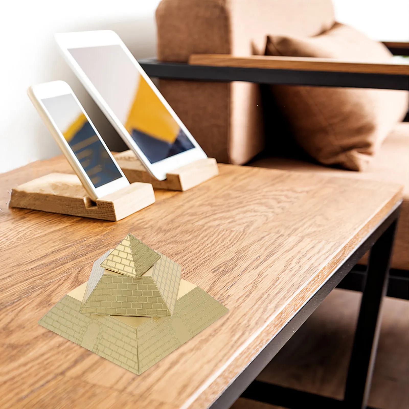 Rotating Brass Pyramid Desktop Ornament Exquisite Crafted Sculpture for Office Desk Home Decoration Conference Room Workspace