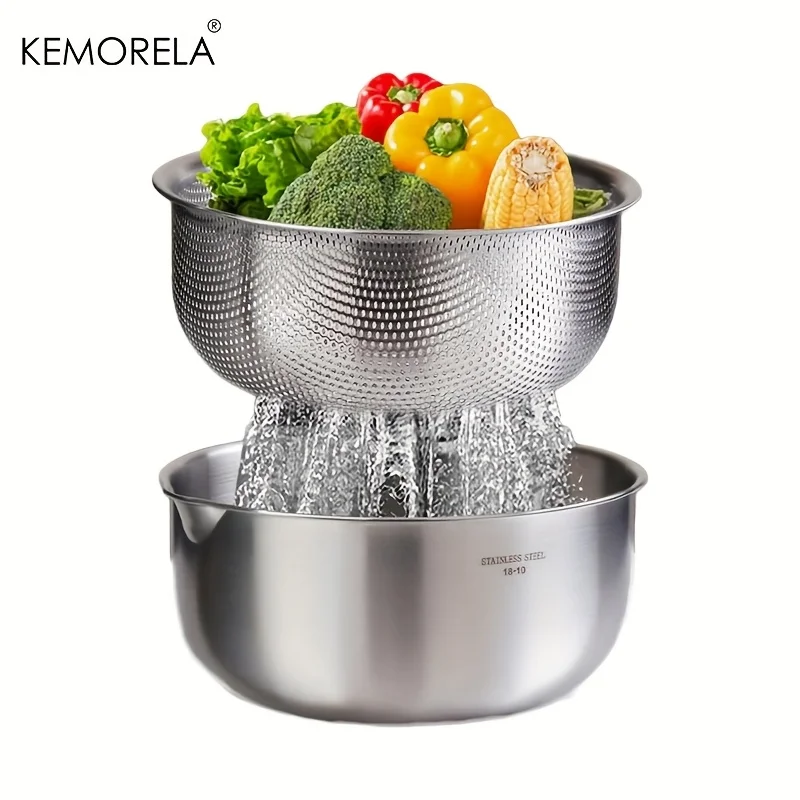 

2 в 1, сито для стиральной машины для овощей, миска из нержавеющей стали 304, микропористый фильтр, градуированная чаша для смешивания ягод, фруктов