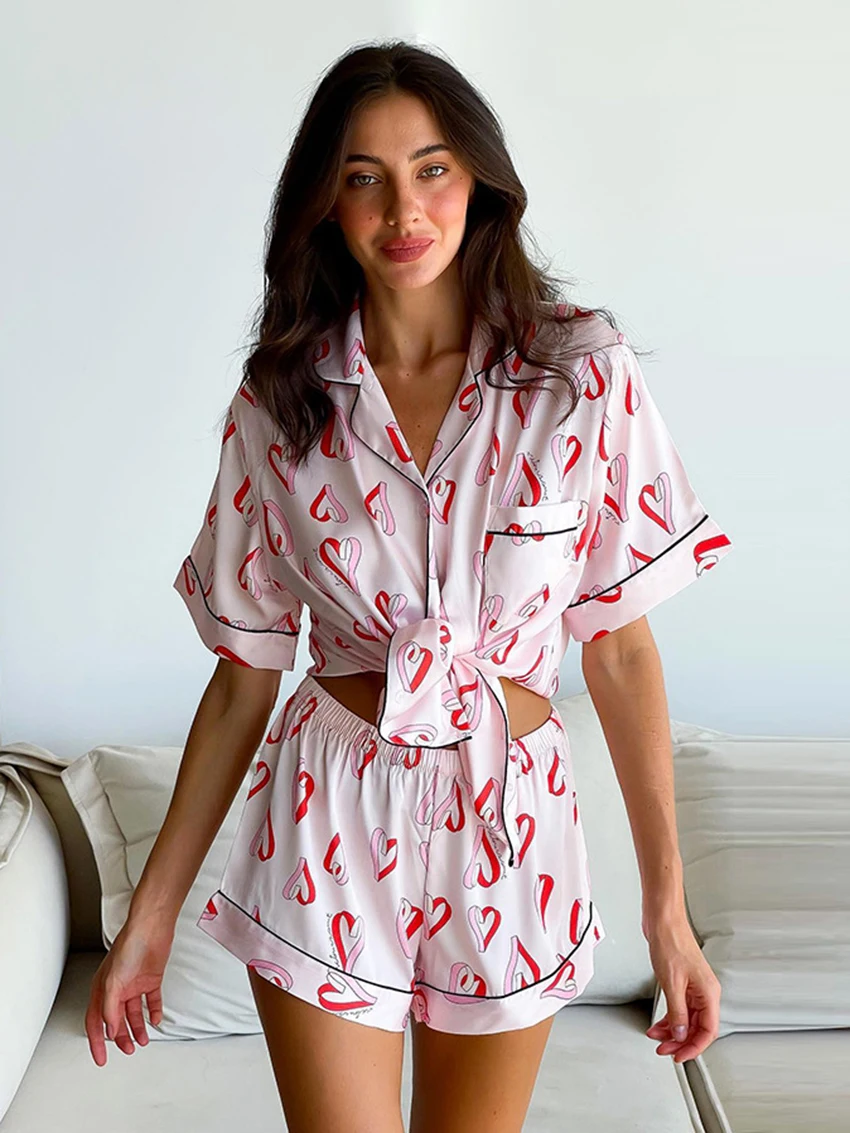 

Marthaqiqi Causal Women Nightgowns Set Sexy Turn-Down Collar Sleepwear Short Sleeve Nightwear Shorts Printing Ladies Pajama Suit