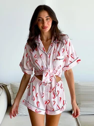 Marthaqiqi nedensel kadın Nightgowns Set seksi turn-aşağı yaka pijama kısa kollu gecelikler şort baskı bayanlar pijama takım