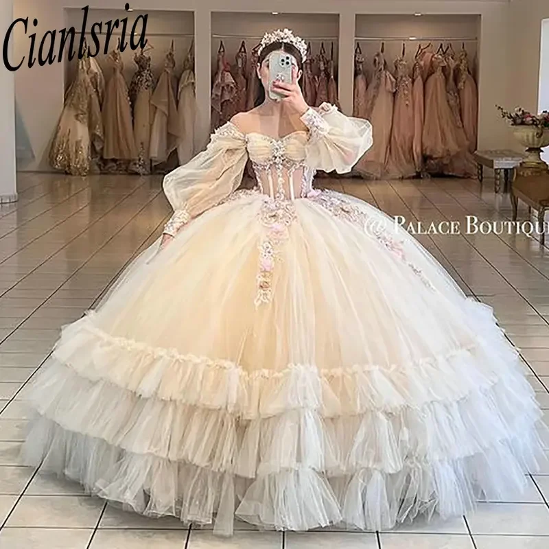 

Принцесса иллюстрация, многоярусные платья Quinceanera с длинными рукавами, бальное платье, 3D цветы, аппликации, кружевной корсет, платья de XV anos