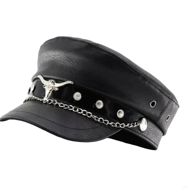 L5YA Bullhead Rivet Chain Detail Newspaper Boy Cap Adjustable Strap Fabric French Fashion Accessory