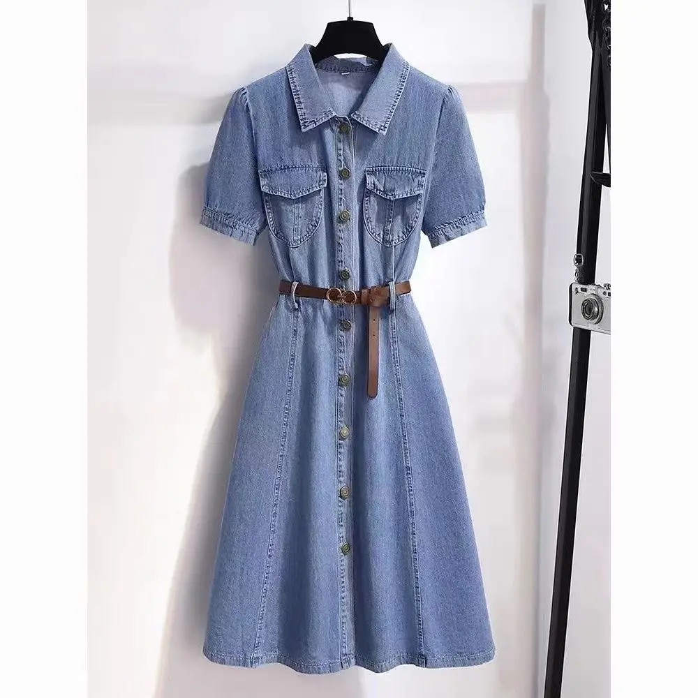 

2024 New Spring Summer Single Breasted Denim Dress Women Korean Fashion Mid Length Polo Collar Dresses Long Sleeve Basic D164