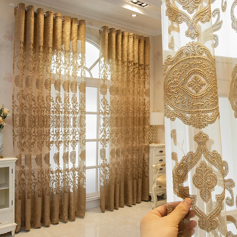 Home decoration suitable for living room, bedroom and balcony. 1 piece - golden jacquard European-style hollowed-out curtain