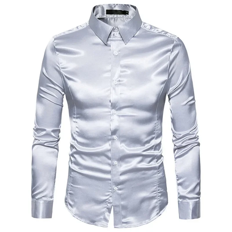 New Men Shirt  Satin Smooth Men Solid Tuxedo Business Shirt Men Casual Slim Fit Shiny Gold Wedding Dress Shirts