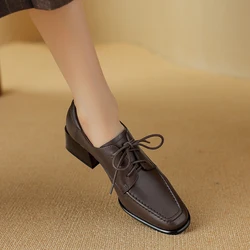 Women's New Square Head Comfortable Spring and Autumn Genuine Leather Cowhide Lace up Middle Heel Large Oxford Shoes