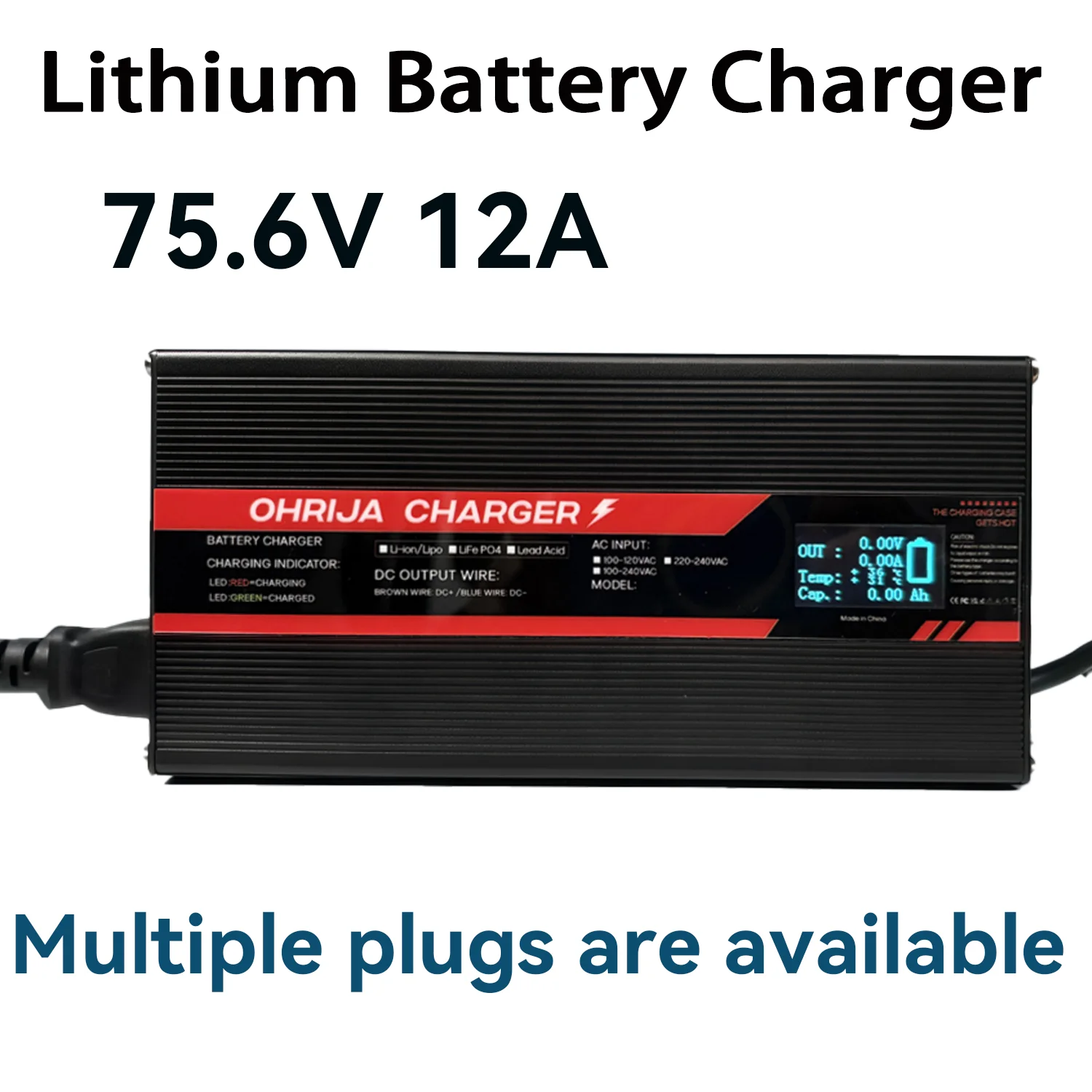 OHRIJA 75.6V 12A High power Fast Charger For 18strings 60V Li-ion Battery Charger Stable intelligent display aluminum shell case