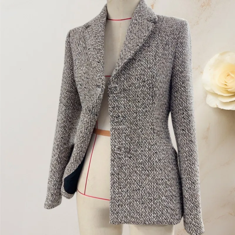 Women's Autumn Winter blazer  81% Wool Tweed Blazer Short Slim Fit Jacket Elegant Office Lady Coat Outerwear EU Size 36 38 40 42