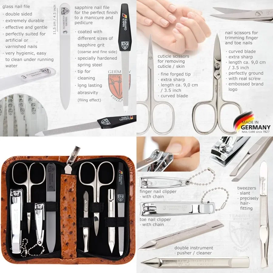 

3 Swords Germany - brand quality 8 Pcs manicure pedicure grooming kit set synthetic leather case ostrich cognac - Made in Germa