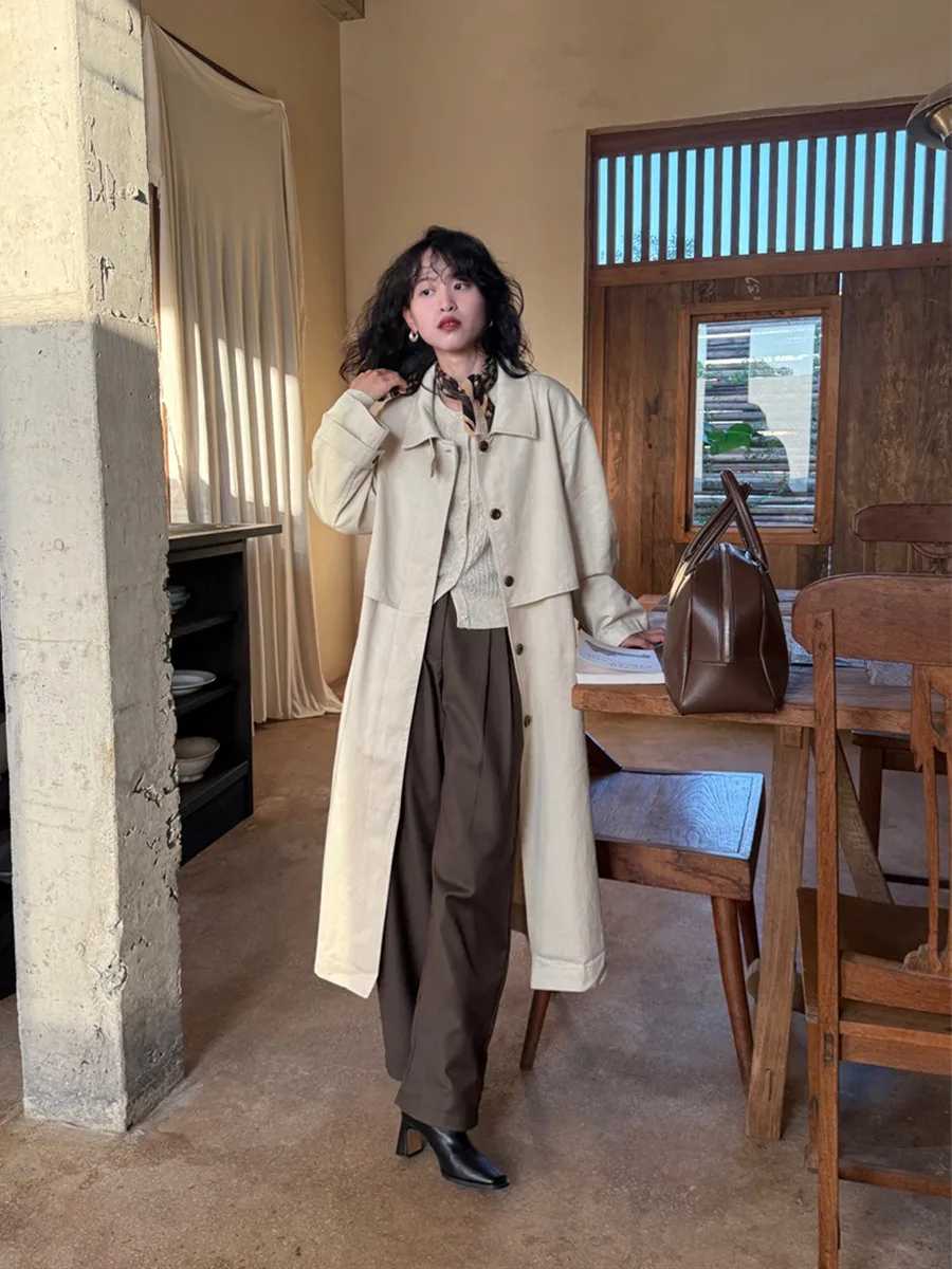 

erlo Manuscript Thiened Long Vintage Sle Women's Coat Turtlene Apricot Outerwear Casual Commute Loose Fit Cotton