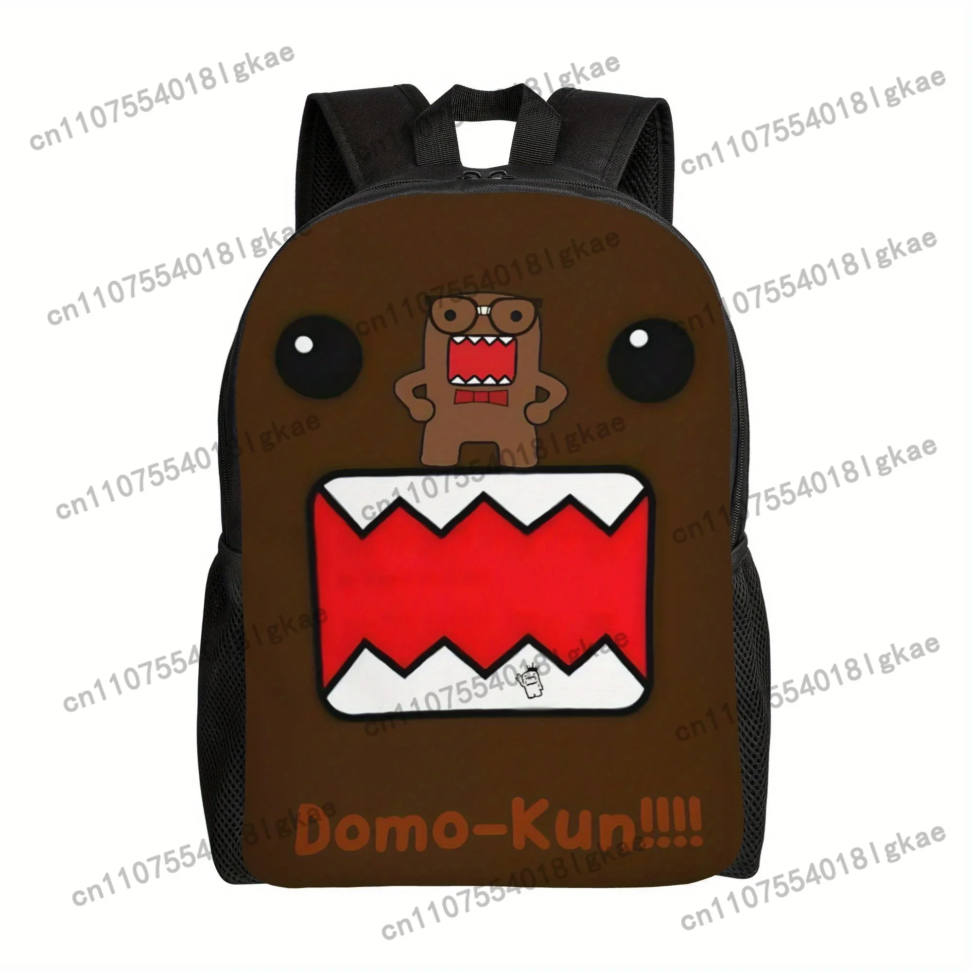 Domo-Kun Backpack - Brown with Red Zigzag Design, Black Straps, and Playful Cartoon Character, Perfect for School, College, or C