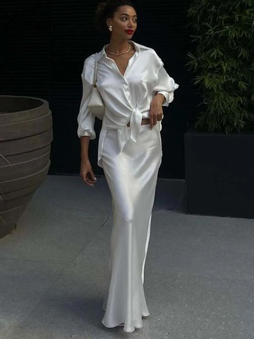 Oymimi Fashion White Satin Women Two Piece Set Elegant Long Sleeve Button Side Slit Shirts And Simple Slim Straight Skirts Sets