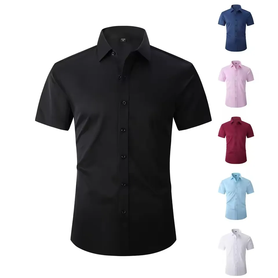 Einfaches Sommer-Herrenhemd mit Kurzen Ärmeln, Schwarz, Bügelfrei, Knitterfrei, Business-Hemd mit Knopfleiste für Büro, Party und Alltag