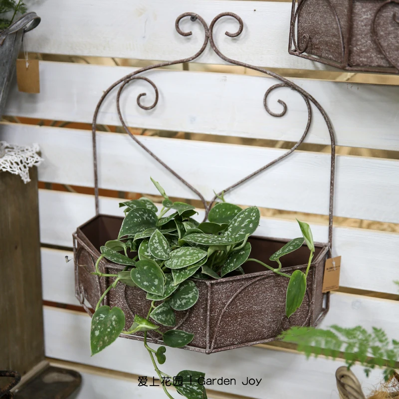 Vintage Style Hanging Basket, Iron, Coffee Color, White Ashy, Double Layered Wall Planter, for Gardens and Patios