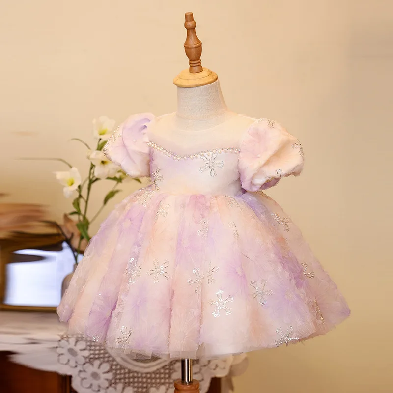 New Girls Beading Design Pink Princess Ball Gown Children Birthday Party Wedding Performance Dress g113