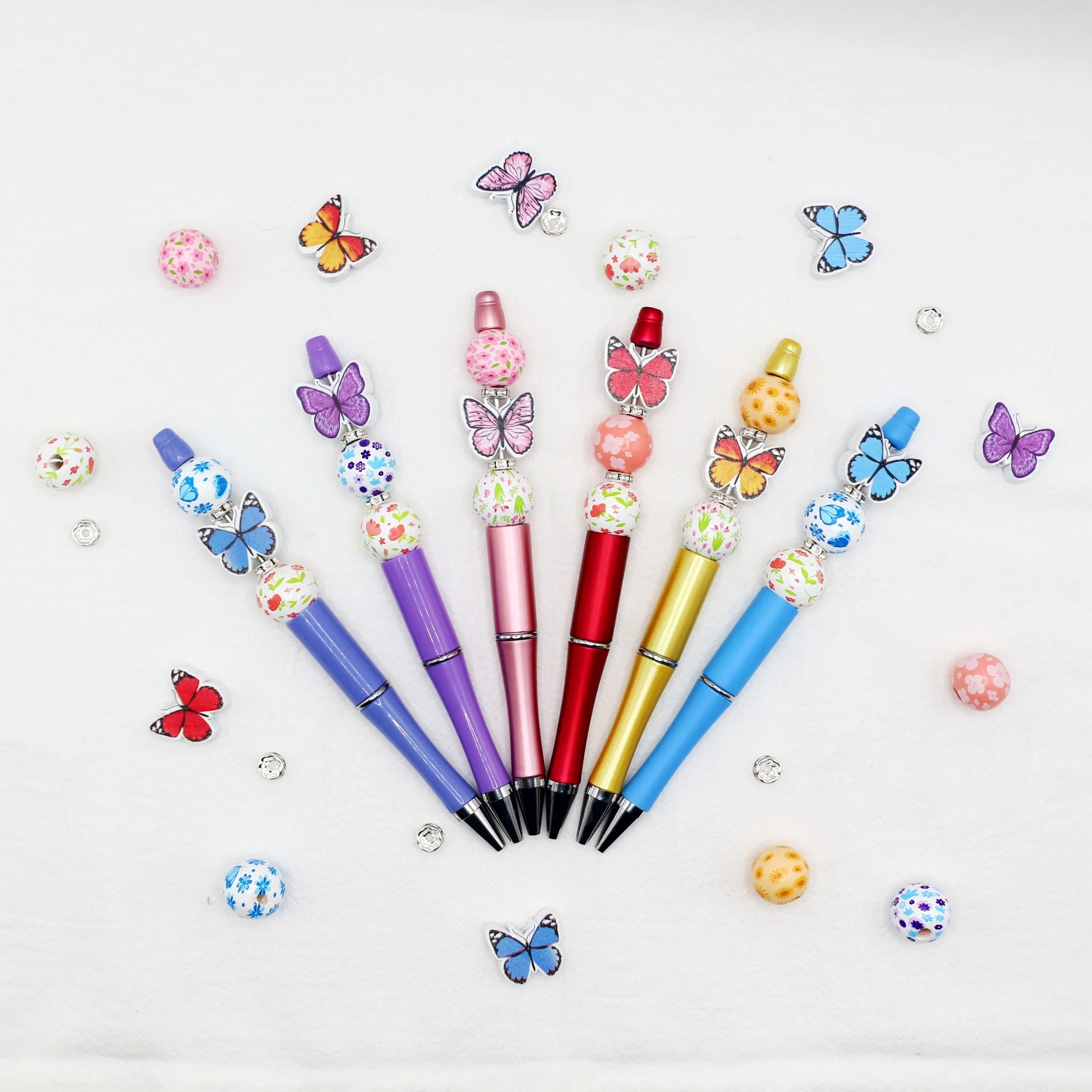 6Pcs Spring and Summer Six-Color Butterfly Theme DIY Beaded Pen Set, Creative Office and Study Supplies