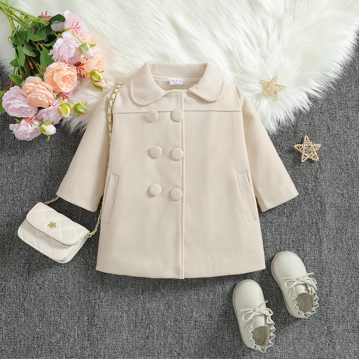 Coat Girls Woolen Coat Korean Version Autumn and Winter Doll Collar Double Breasted Mid Length Coat Princess Style Warm