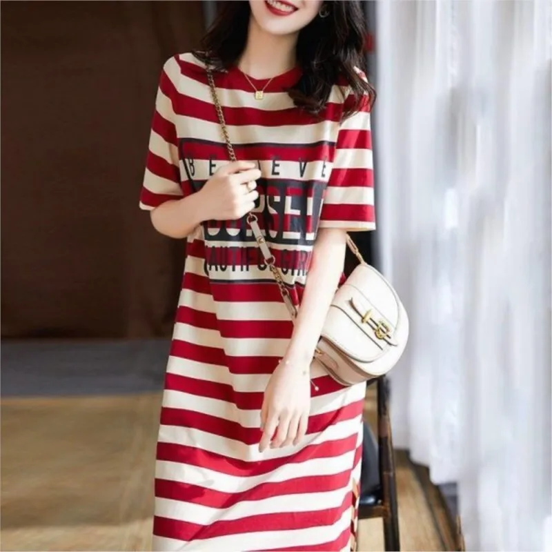 Women's Student Korean T-shirt Dress - Summer, Loose & Slimming, Striped Printed, Mid-Length, Short-Sleeved, Trendy & Stylish​