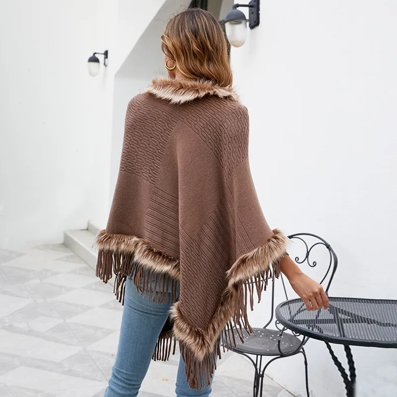 

Fall Winter Womens Knit Cape Solid Color Fringe Shawl Coat Loose Stylish Outerwear