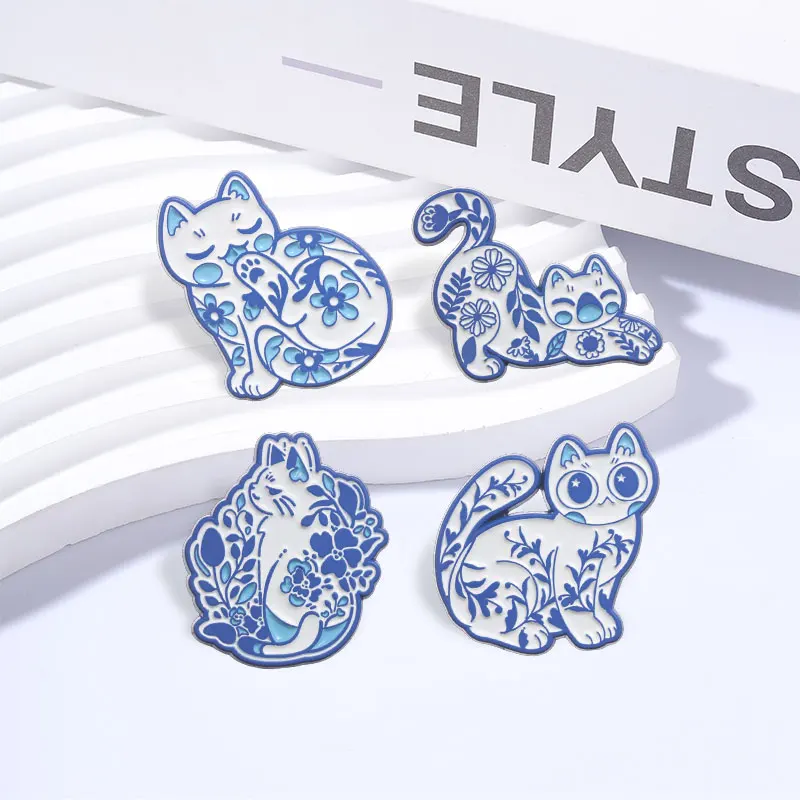 4-10pcs/set Cartoon Animal Collected Enamel Pin Japan Anime Cat Knife Blue White Mediterranean Cat Shark Whale Frog Badge Brooch