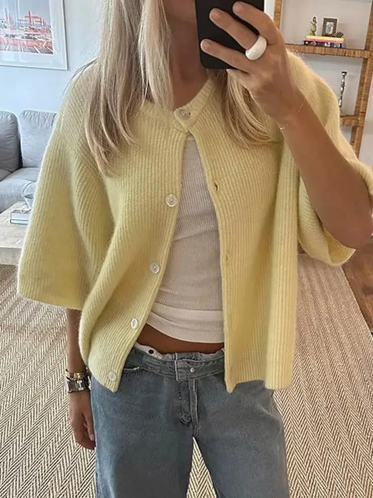 Elegant Knitted Short Cardigan Women Solid Half Sleeve O-neck Single Breasted Loose Sweater  Fashion Autumn All-match Top