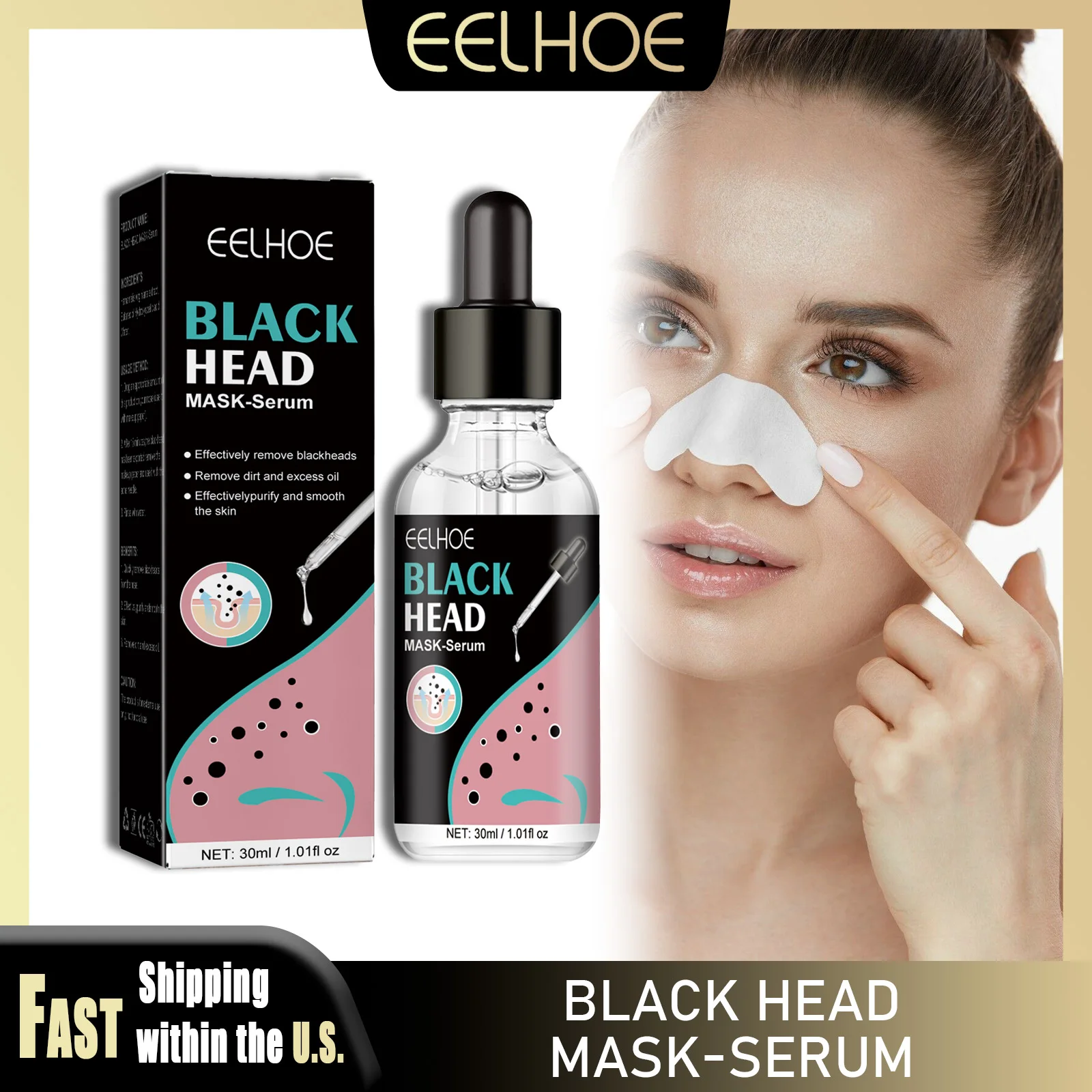 

EELHOE 30ml Blackhead Mask Serum Shrink Cleansing Pore Smoothing Skin Reduce Acne Mild Instant Pore Unclogging Nose Skin Care