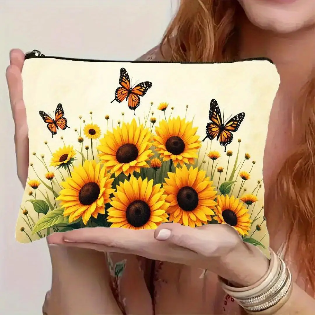 A Makeup Bag with Gorgeous Sunflower and Butterfly Print- multifunctional zipper pouch, jewelry storage bag, perfect travel zipp