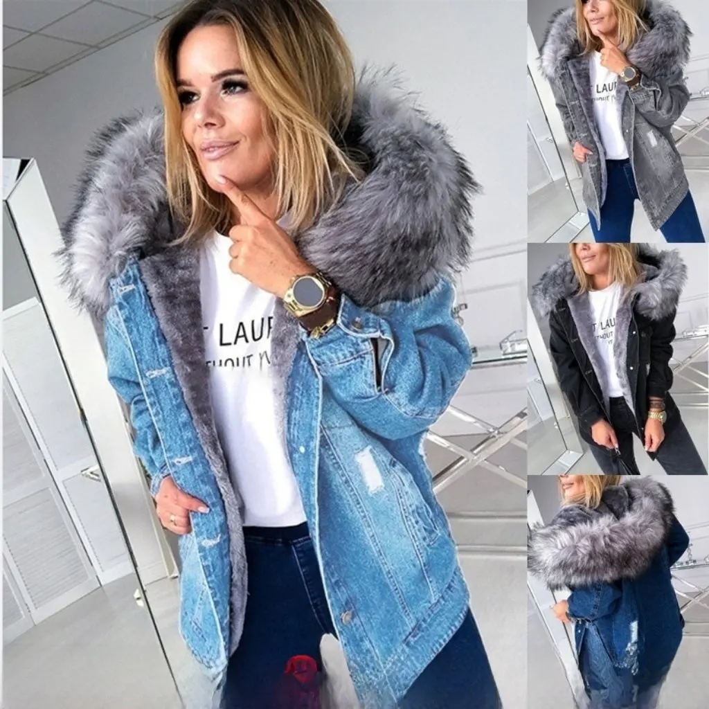 

Wish European American Retro Denim Coat with Big Wool Collar Elegant Warm Medium Long Ripped Old Style Women's Windbreaker