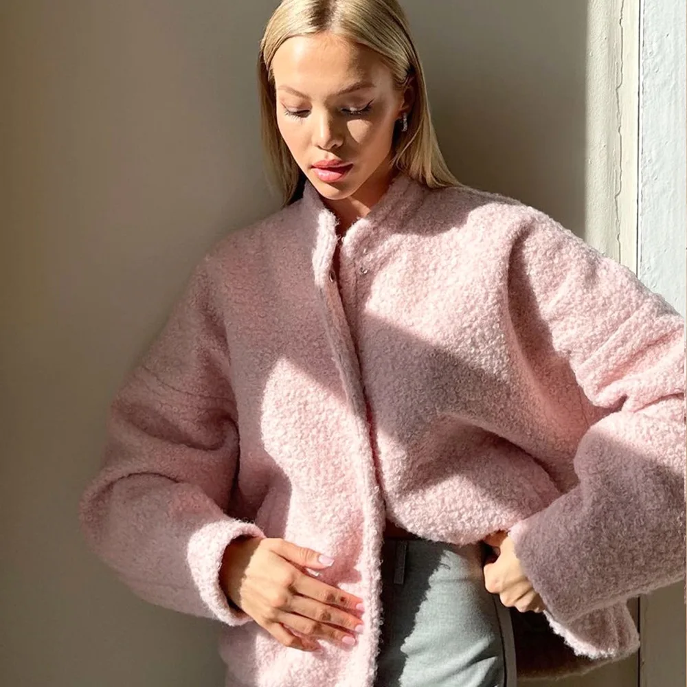 Pink Jacket with a Casual Stand Up Collar and Dropped Shoulder Sleeves Short Fur Jacket