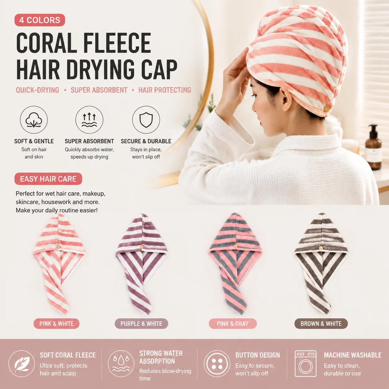 Dry Hair Towel Microfiber Coral Velvet Striped Pattern Hair Cap for Women Turban Water-Absorbent Quick-Drying Striped Shower Cap