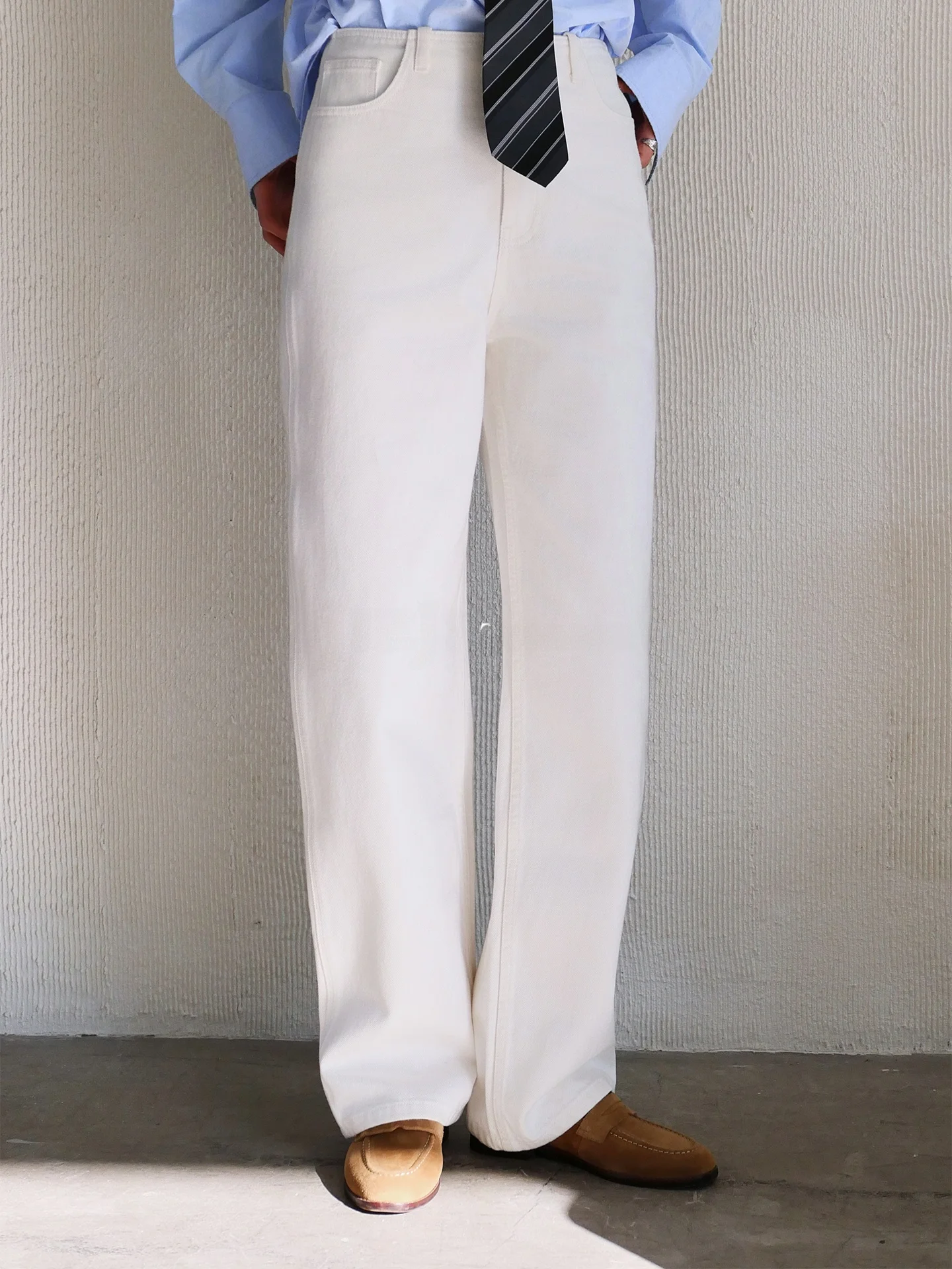 

Джинсы Jieji Zhang Spring Commute прямого кроя, утягивающие, из 100% хлопка, молочно-белые, с высокой талией, на молнии, повседневные брюки