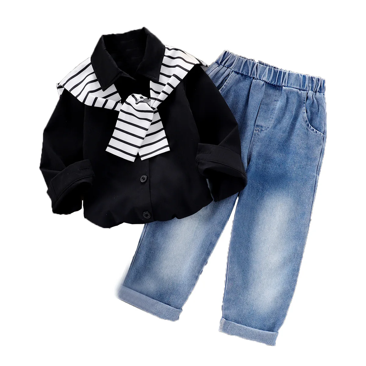 

Blue Denim Trousers Two-piece Kid Set Student Style Comfortable Fashionable Casual Children Suit Girl Solid Color Lapel Jacket