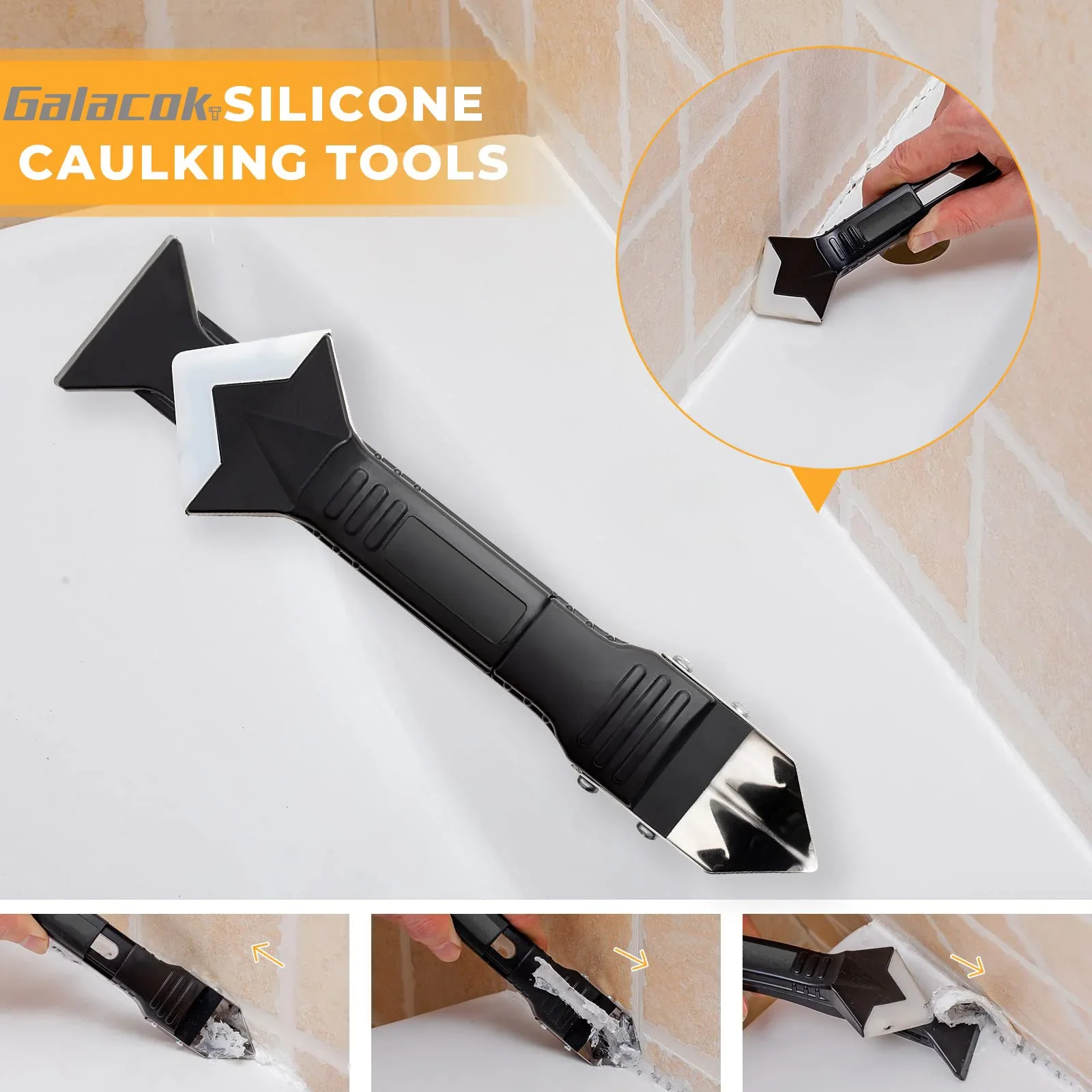 5 in 1 Metal Head Shovel Glue Tool Kit: Silicone Spatula, Caulk Remover, Grout Removal, Sealant Finishing & Corner Scrap