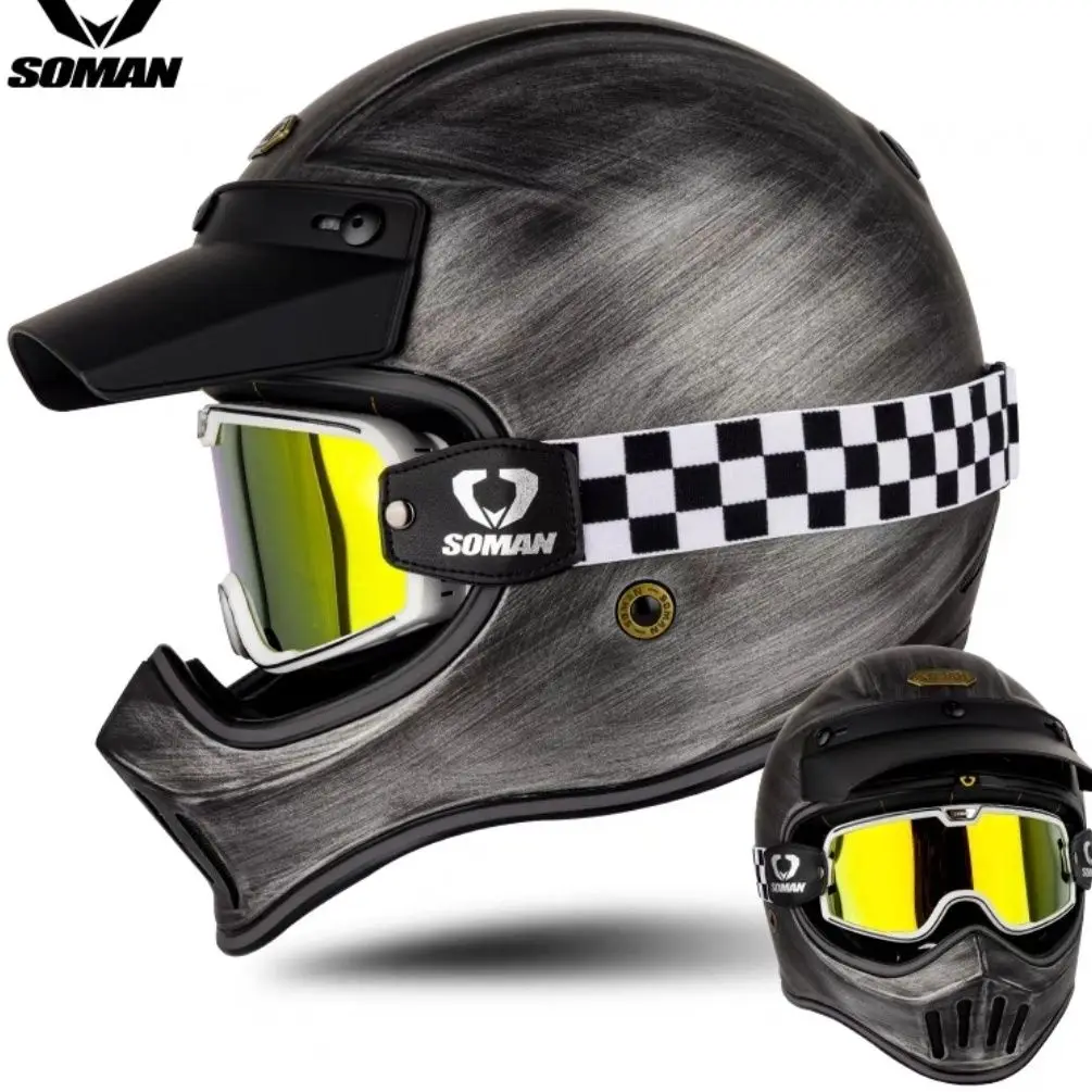 Soman Carbon Fiber Retro Off Road Helmet 3C Certified Motorcycle Stunt Safety Helmet Four Seasons Universal Racing Rally Helmet