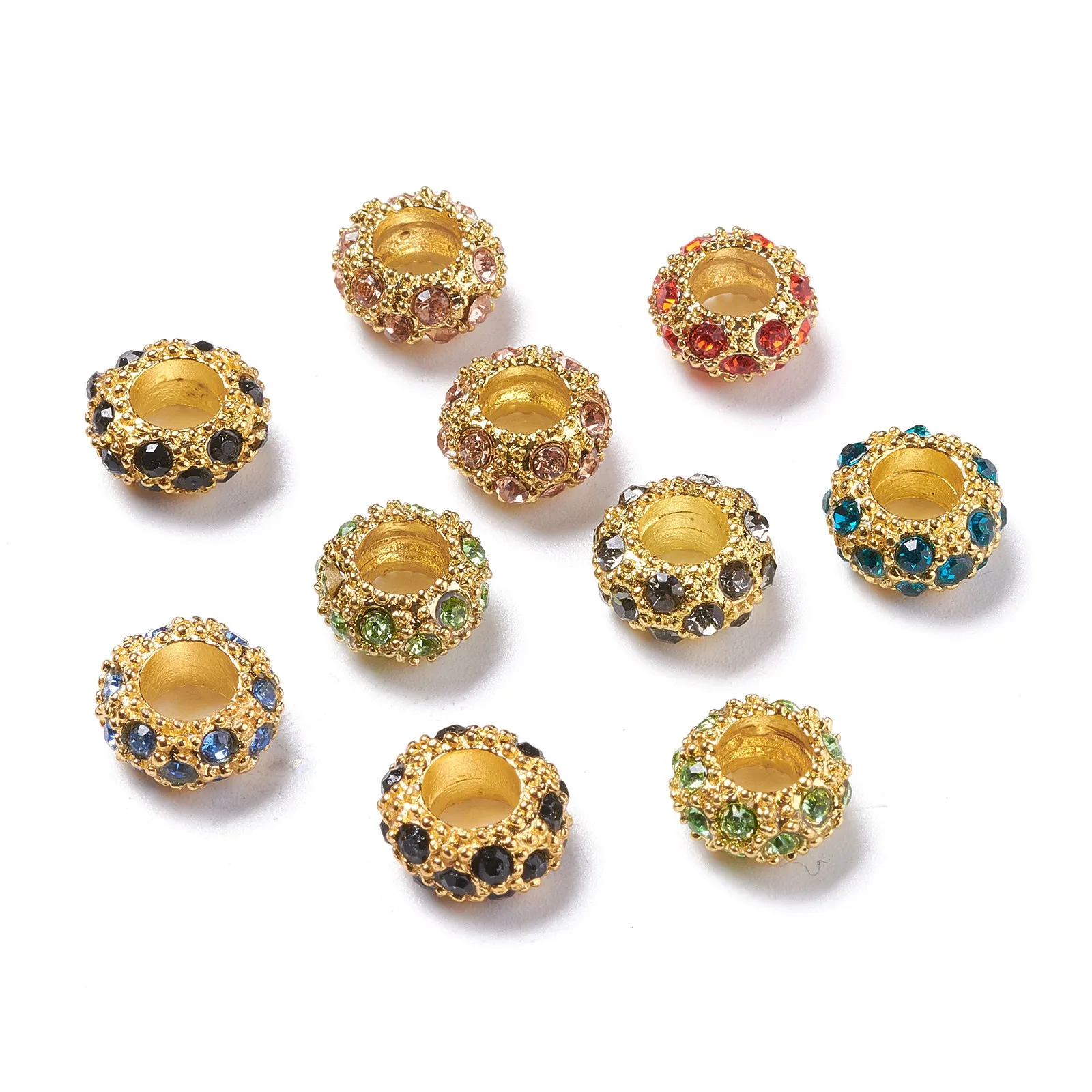 100pcs Alloy Rhinestone European Beads Random Mixed Color Rondelle Large Hole Beads Golden Platinum Metal Color, 11x6mm